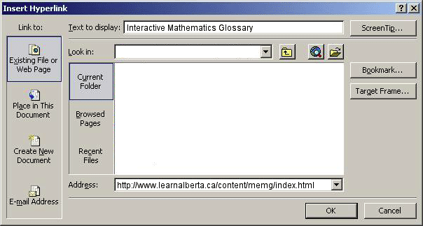 Hyperlink Dialog Box (Text) Example