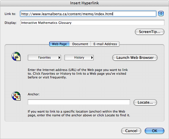 Hyperlink Dialog Box (Text) Example