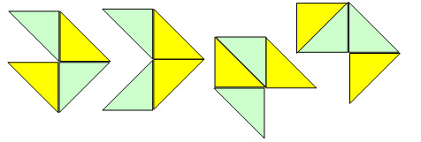 quatres triangles collées ensembles de diverses maniérs pour former des hexagones